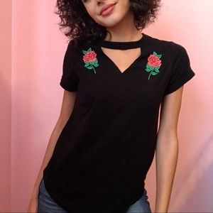 Embroidered Rose Cut Out Tee